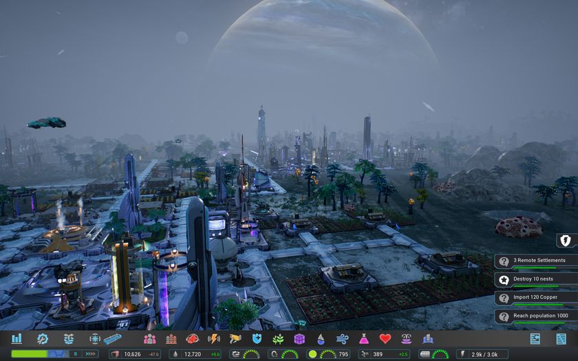 capture d’écran de Aven Colony, dans laquelle une géante gazeuse et un autre astre beaucoup plus petit sont clairement visibles dans le ciel